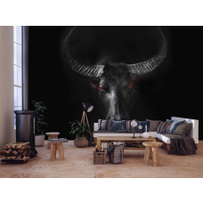 Eine Fototapete mit einem Stier im Industriedesign, ideal für ein Wohnzimmer.