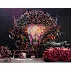 Eine Fototapete von einem Stierschädel mit Mandala-Mystik und Hörnern für das Schlafzimmer.