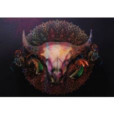 Fototapete von einem Stierschädel mit Mandala, in einem mystischen Design mit Hörnern.