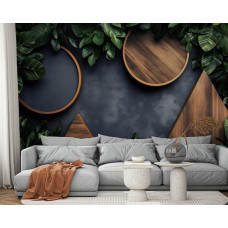 Eine Fototapete mit stilvoller geometrischer Abstraktion von Blättern in Kunst in einem Wohnzimmer.