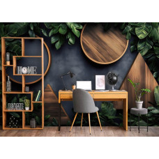 Eine Fototapete mit stilvoller geometrischer Abstraktion von Blättern in Kunst in einem Büro.