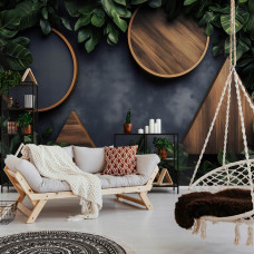 Eine Fototapete mit stilvoller geometrischer Abstraktion von Blättern in Kunst in einem Wohnzimmer mit Vliestapete.