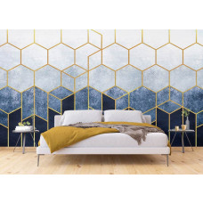 Eine Fototapete mit stilvollen goldenen Sechsecken im abstrakten Stil in einem Schlafzimmer mit Airtex.