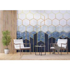 Eine Fototapete mit stilvollen goldenen Sechsecken im abstrakten Stil in einem Geschäftsraum.