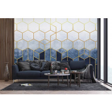 Eine Fototapete mit stilvollen goldenen Sechsecken im abstrakten Stil in einem Wohnzimmer mit Airtex.