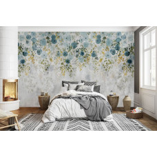 Eine Fototapete von stilvollen Hängepflanzen gegen harten Beton mit Blumen in einem Schlafzimmer.