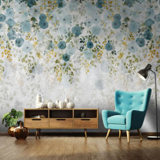 Eine Fototapete von stilvollen Hängepflanzen gegen harten Beton mit Blumen in einem Wohnzimmer mit Vliestapete.