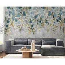 Eine Fototapete von stilvollen Hängepflanzen gegen harten Beton mit Blumen in einem Wohnzimmer mit Vliestapete.