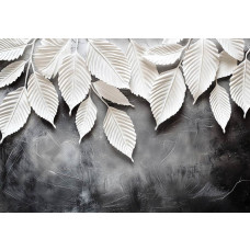 Fotobehang met stijlvolle witte bladeren op een donkere achtergrond.