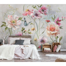 Eine Fototapete mit Stockrosen im Kunststil mit Blumen und Schmetterlingen im Schlafzimmer.