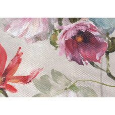 Zoom foto von fototapete mit Stockrosen und Schmetterlingen, dargestellt in einer farbenfrohen Blumenmalerei.