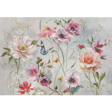 Fototapete mit Stockrosen und Schmetterlingen, dargestellt in einer farbenfrohen Blumenmalerei.