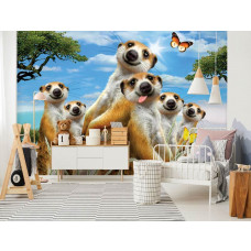 Eine Fototapete mit fröhlichen Erdmännchen in einem verspielten Selfie-Stil, perfekt für ein Kinderzimmer.