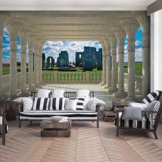 Eine Fototapete mit Stonehenge und einem bewölkten Himmel auf einer offenen Ebene.