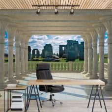 Eine Fototapete von Stonehenge in einem Büro mit monumentalen Steinen.