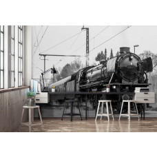 Eine schwarz-weiße Fototapete einer Dampflokomotive für das Schlafzimmer.