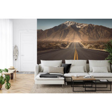 Eine Fototapete mit einem malerischen Weg zu hohen Bergen, ideal für ein Wohnzimmer.