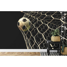 Fototapete mit einer spielerischen Darstellung eines im Netz gespannten Fußballs in einem Kinderzimmer.