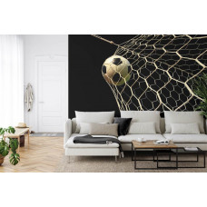 Fototapete mit einer spielerischen Darstellung eines im Netz gespannten Fußballs in einem Wohnzimmer.