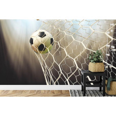 Fototapete mit einer Nahaufnahme eines Fußballs im Netz in einem Kinderzimmer.