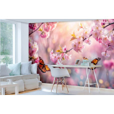 Ein wunderschönes Fototapet mit strahlenden rosa Kirschblüten und elegant flatternden Schmetterlingen im Frühling, vor einem sanften, ruhigen Hintergrund auf Airtex in einem Büro.