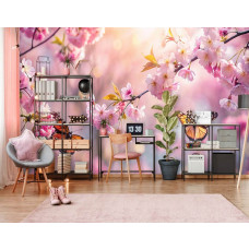 Ein wunderschönes Fototapet mit strahlenden rosa Kirschblüten und elegant flatternden Schmetterlingen im Frühling, vor einem sanften, ruhigen Hintergrund auf Vliesbehang in einem Büro.