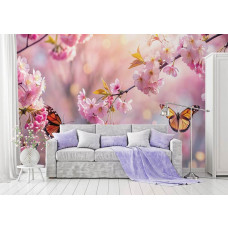 Ein wunderschönes Fototapet mit strahlenden rosa Kirschblüten und elegant flatternden Schmetterlingen im Frühling, vor einem sanften, ruhigen Hintergrund auf Vliesbehang im Wohnzimmer.
