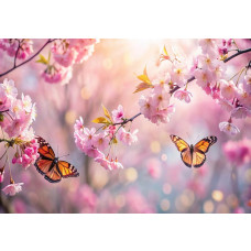 Ein wunderschönes Fototapet mit strahlenden rosa Kirschblüten und elegant flatternden Schmetterlingen im Frühling, vor einem sanften, ruhigen Hintergrund.