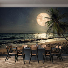 Fototapete eines Strandes bei Vollmond mit Palmen und mystischer Stimmung, geeignet für Schlafzimmer und Wohnzimmer.