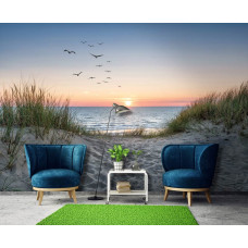 Fototapete mit Strand, Dünen und Meer bei Sonnenuntergang mit Vögeln in einem ruhigen Geschäftsraum für eine entspannende Atmosphäre.