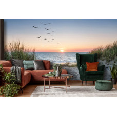Fototapete mit Strand, Dünen und Meer bei Sonnenuntergang in einem stimmungsvollen Wohnzimmer mit Vögeln und warmen Tönen.
