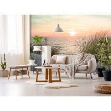 Fototapete Strand und Dünen bei Sonnenuntergang am Meer für das Wohnzimmer.