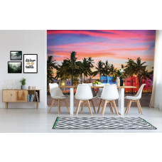 Fototapete eines Strandes in der Abenddämmerung, mit friedlichen Palmen, ideal für das Wohnzimmer.