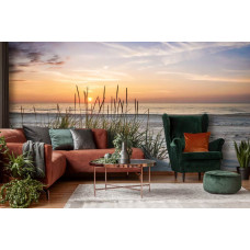 Fototapete Strand mit Strandhafer im Wohnzimmer zeigt eine ruhige Küste bei Sonnenuntergang.