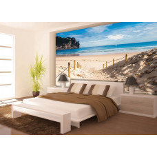 Fototapete mit Strand und Meerblick mit Sonne für Schlafzimmer.