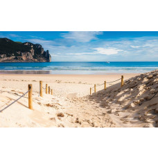 Fototapete mit Strand und Meerblick, klares blaues Meer mit einer warmen Sonne am Horizont.