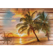 Sonnenuntergang am Strand mit Palmen, Dünen und Meer, perfekt auf einer Fototapete gerendert.