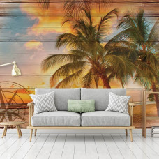 Eine Fototapete mit einem tropischen Sonnenuntergang und Palme in einem ruhigen Schlafzimmer.