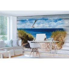Eine Fototapete von einem Strand mit Meer und Dünen auf einem Holzplanken-Hintergrund.