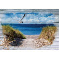 Fototapete von einem Strand mit Dünen und dem Meer auf einem hölzernen Hintergrund angezeigt.
