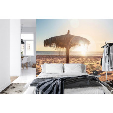 Eine Fototapete mit einem tropischen Strand umgeben von einem ruhigen Meer bei Sonnenuntergang, geeignet für ein Schlafzimmer.