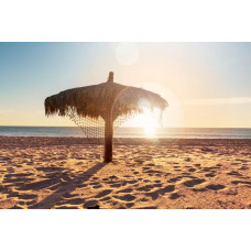 Fototapete mit einem tropischen Strand mit einem schönen Sonnenuntergang, wo das Meer und Palmen harmonisch zusammenkommen.