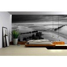 Eine Fototapete mit einer schwarz-weißen Strandlandschaft bei Sonnenuntergang in einem Schlafzimmer.