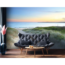 Eine Fototapete mit einem Strandweg, der zu einem klaren blauen Meer führt, ideal für ein Wohnzimmer.