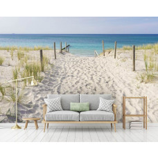 Eine Fototapete von einem Strandweg mit Dünen und Meerblick für das Wohnzimmer.