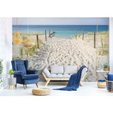 Eine Fototapete von einem Fußweg zum Strand mit Blick auf das Meer und die Dünen für das Wohnzimmer.