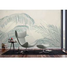 Eine Fototapete mit subtilen Palmwedeln in einem modernen Wohnzimmer, wo die hellen Blatttexturen und natürlichen Töne einen frischen und geräumigen Look schaffen.