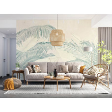 Eine Fototapete mit subtilen Palmwedeln im Wohnzimmer, wo die eleganten Blattmuster und hellen Töne eine ruhige und botanische Atmosphäre schaffen.