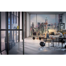 Eine Fototapete mit der Skyline einer Penthouse-Suite, gerendert in einem abstrakten Kunststil für einen modernen Look. Dieser Druck passt perfekt in das Wohnzimmer für eine urbane und luxuriöse Atmosphäre.