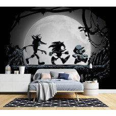 Een fotobehang met Super Mario, Sonic en Crash Bandicoot in de gamekamer, waar de dynamische silhouetten en nachtelijke sfeer zorgen voor een episch en sfeervol game-ervaring.